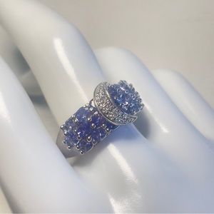 Tanzanite and Zircon Buckle Ring in Platinum over Sterling Silver Size 10